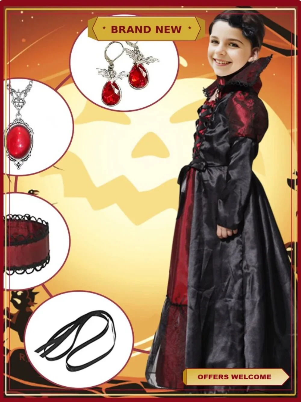 Vampire Costume Halloween Cosplay Ruby Necklace Earrings Polyester